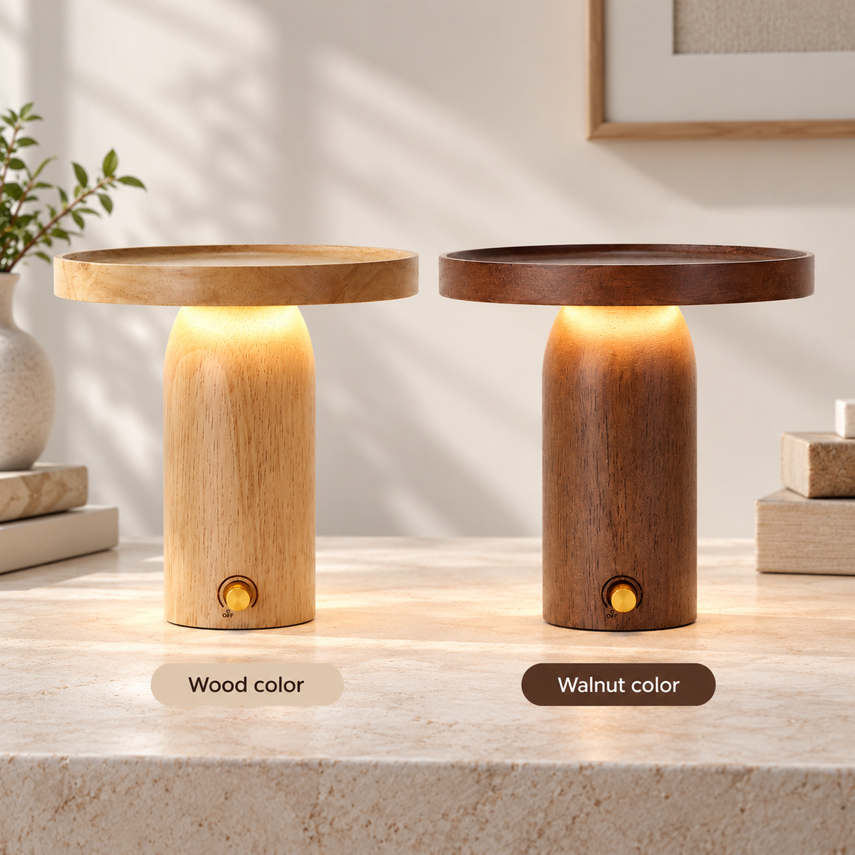 Rechargeable Wooden LED Table Lamp with Storage Tray – Dimmable Cordless Light