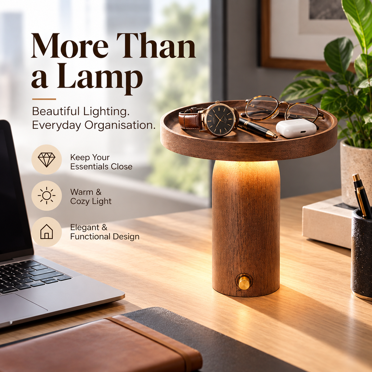 Rechargeable Wooden LED Table Lamp with Storage Tray – Dimmable Cordless Light