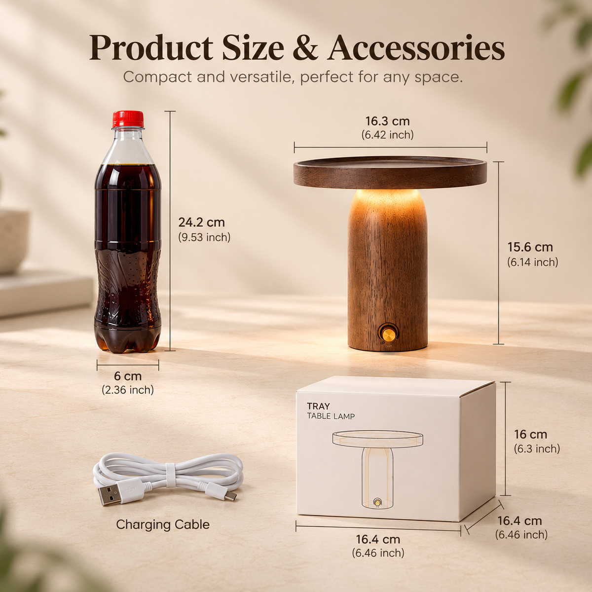 Rechargeable Wooden LED Table Lamp with Storage Tray – Dimmable Cordless Light