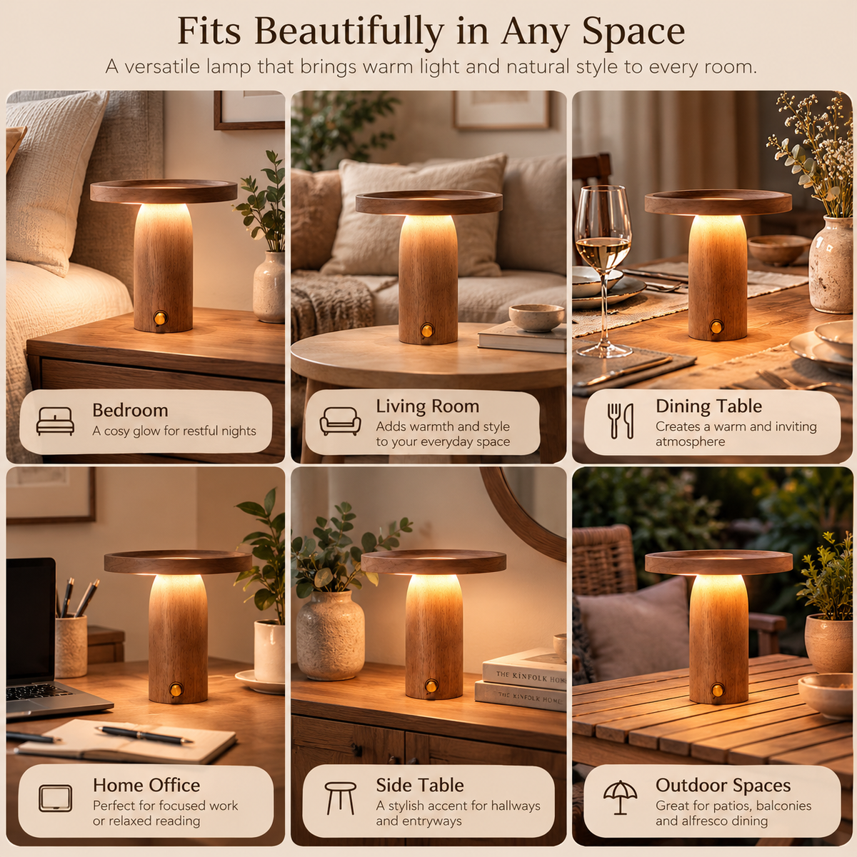 Rechargeable Wooden LED Table Lamp with Storage Tray – Dimmable Cordless Light