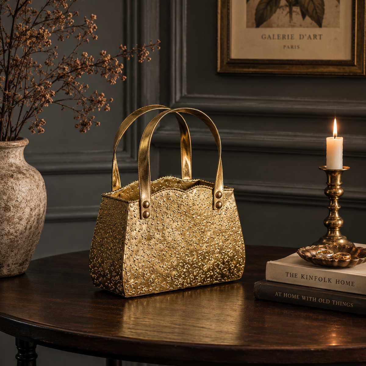 Rustic Gold Iron Handbag Vase – Decorative Metal Flower Vase