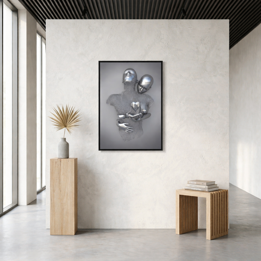 Eternal Bond: 3D-Effect Surreal Hug Framed Canvas Art (60x90cm)