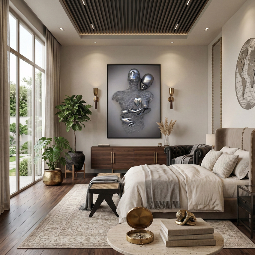 Eternal Bond: 3D-Effect Surreal Hug Framed Canvas Art (60x90cm)