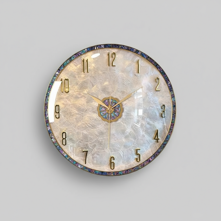 Luxury Seashell-Inspired Wall Clock – 36cm Gold & Abalone Decorative Timepiece