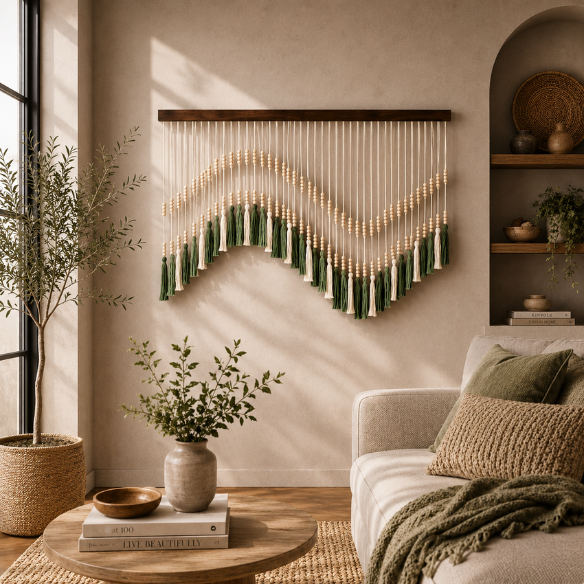 Verdant Tassel Fibre Wall Art – Handwoven Boho Beaded Hanging