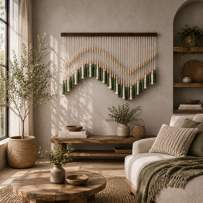 Verdant Tassel Fibre Wall Art – Handwoven Boho Beaded Hanging