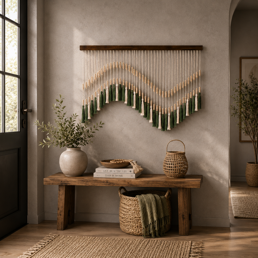 Verdant Tassel Fibre Wall Art – Handwoven Boho Beaded Hanging