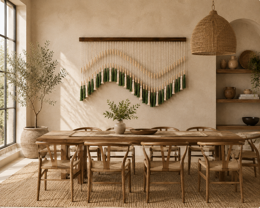 Verdant Tassel Fibre Wall Art – Handwoven Boho Beaded Hanging