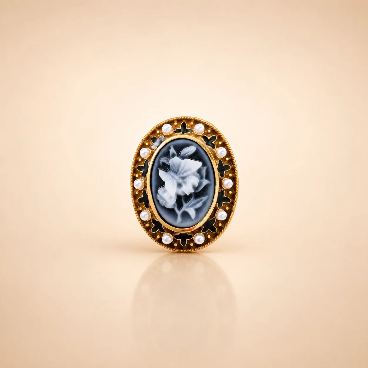 Elegant floral cameo brooch with pearl accents, vintage-style home décor accessory
