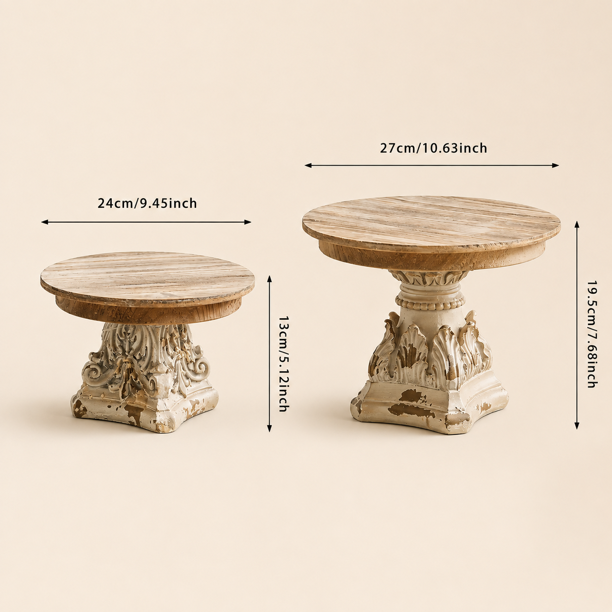 Vintage French Provincial Pedestal Stands – Rustic Wood Display Set of 2