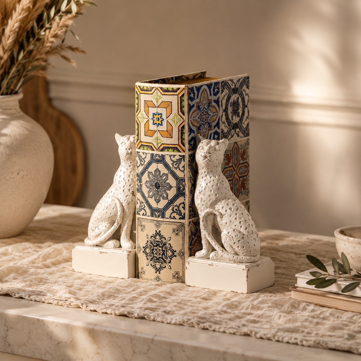 Lumière White Leopard Resin Bookends – Vintage Animal Bookend Pair