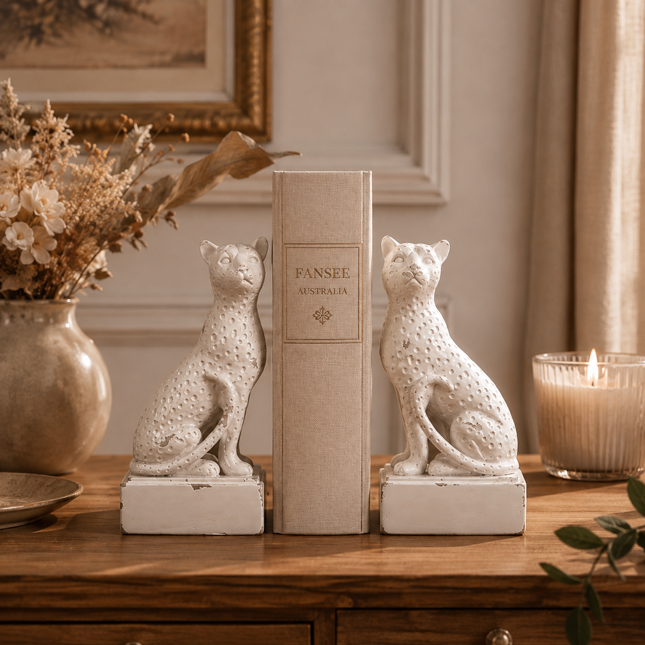 Lumière White Leopard Resin Bookends – Vintage Animal Bookend Pair