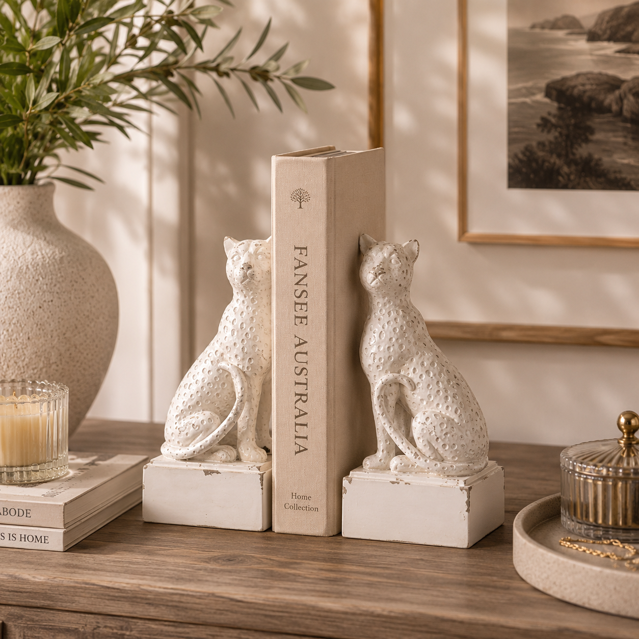 Lumière White Leopard Resin Bookends – Vintage Animal Bookend Pair