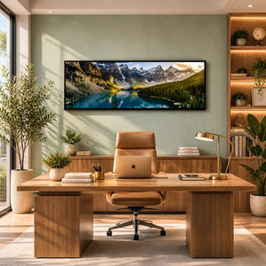 Modern living room with white sofa, round coffee table, and mountain landscape wall art - Fansee Australia