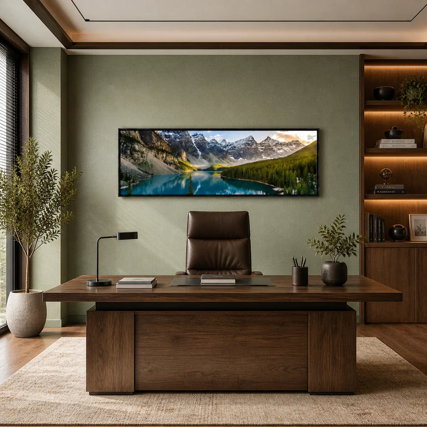 Modern living room with white sofa, round coffee table, and mountain landscape wall art - Fansee Australia