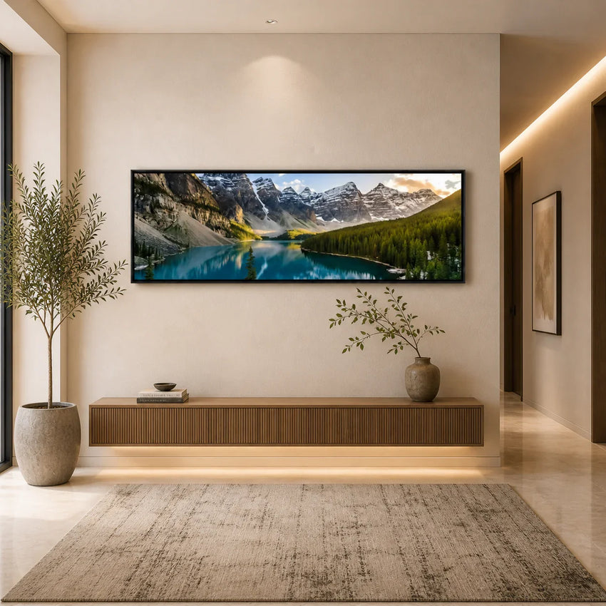 Modern living room with white sofa, round coffee table, and mountain landscape wall art - Fansee Australia