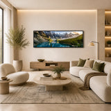 Modern living room with white sofa, round coffee table, and mountain landscape wall art - Fansee Australia