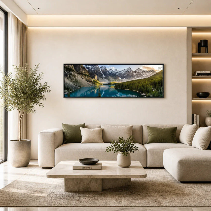 Modern living room with white sofa, round coffee table, and mountain landscape wall art - Fansee Australia