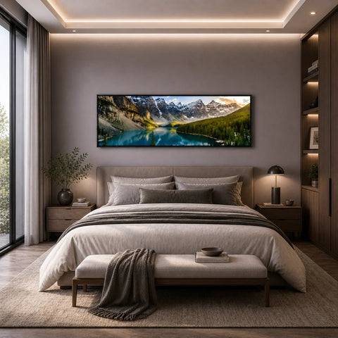 Modern living room with white sofa, round coffee table, and mountain landscape wall art - Fansee Australia