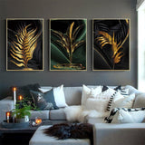 Black Abstract Gold Plant Leaves Canvas Wall Art Prints - 3 Pcs Set (60x90cm) - Fansee Australia