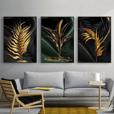 Black Abstract Gold Plant Leaves Canvas Wall Art Prints - 3 Pcs Set (60x90cm) - Fansee Australia