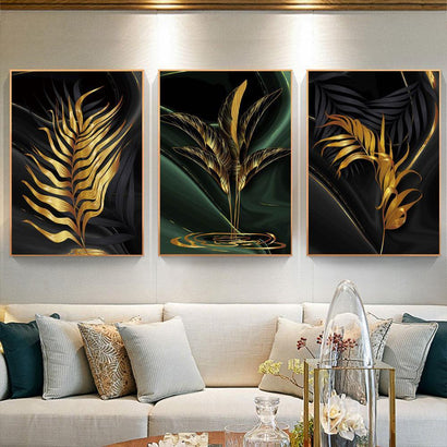 Black Abstract Gold Plant Leaves Wall Art Prints (60x90cm) - Fansee Australia