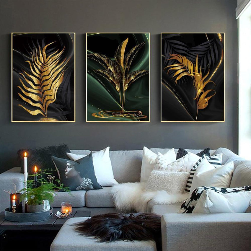 Black Abstract Gold Plant Leaves Wall Art Prints (60x90cm) - Fansee Australia