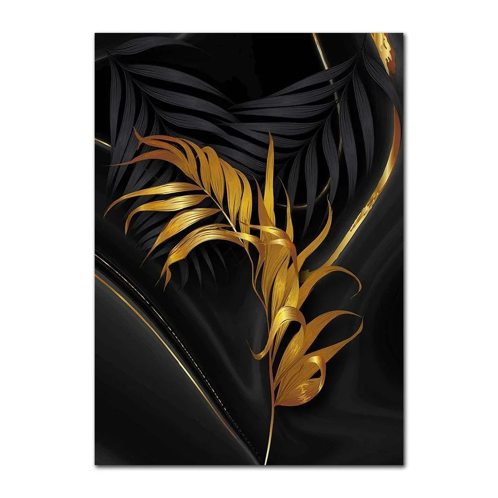 Black Abstract Gold Plant Leaves Wall Art Prints (60x90cm) - Fansee Australia