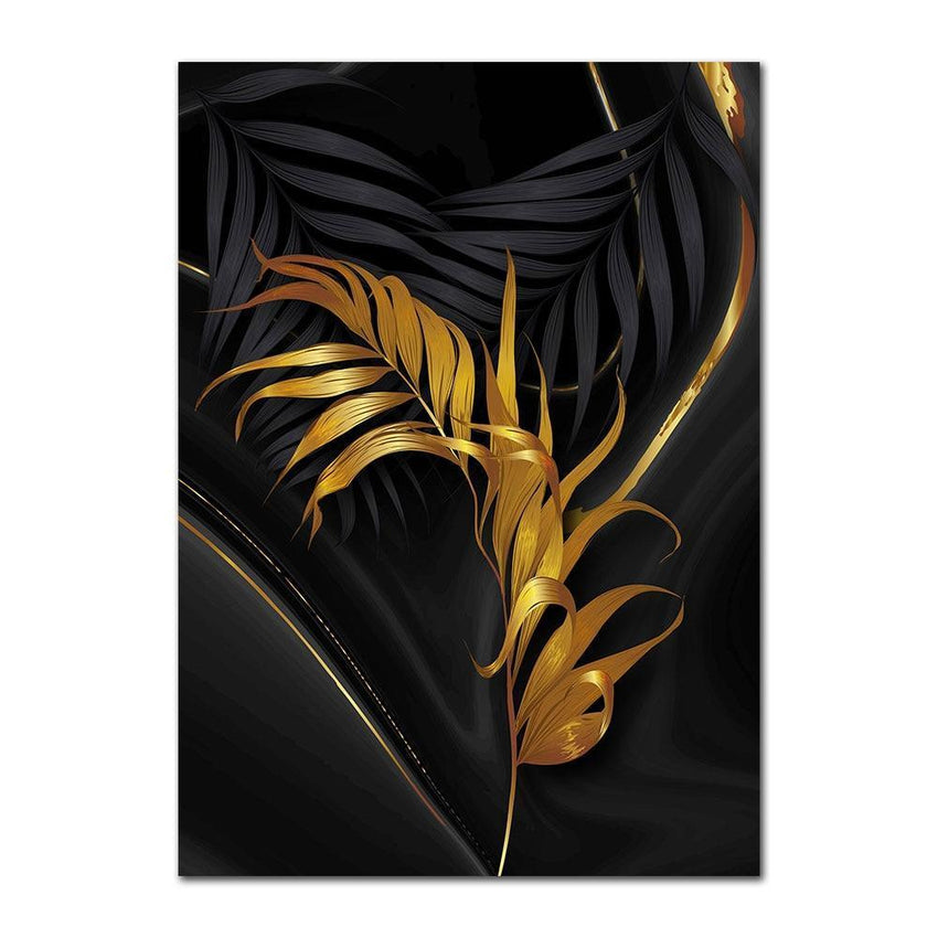 Black Abstract Gold Plant Leaves Wall Art Prints (60x90cm) - Fansee Australia