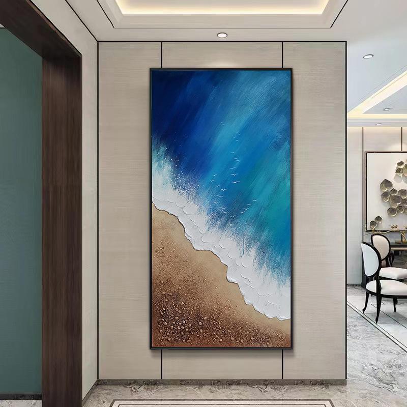 Blue Sea Shore Mixed Media Framed Oil Painting - Fansee Australia