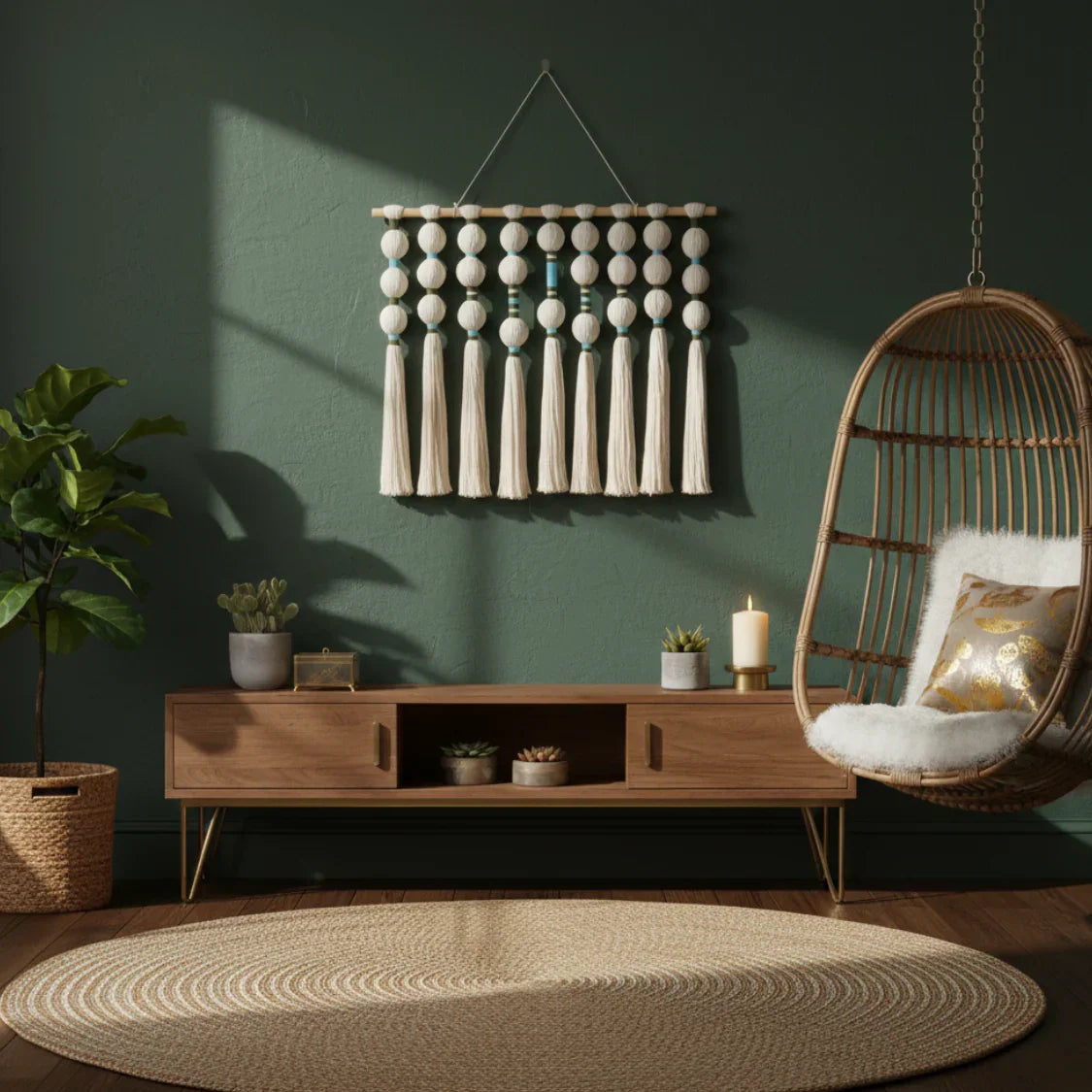 Modern living room with artisan home decor, green wall, wooden furniture, and hanging chair.