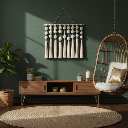 Modern living room with artisan home decor, green wall, wooden furniture, and hanging chair.