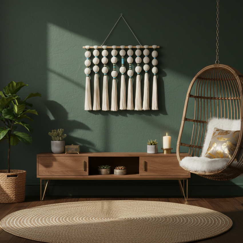 Modern living room with artisan home decor, green wall, wooden furniture, and hanging chair.