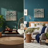 Modern artisan home decor with woven wall hanging, teal wall, boho furniture, and plants