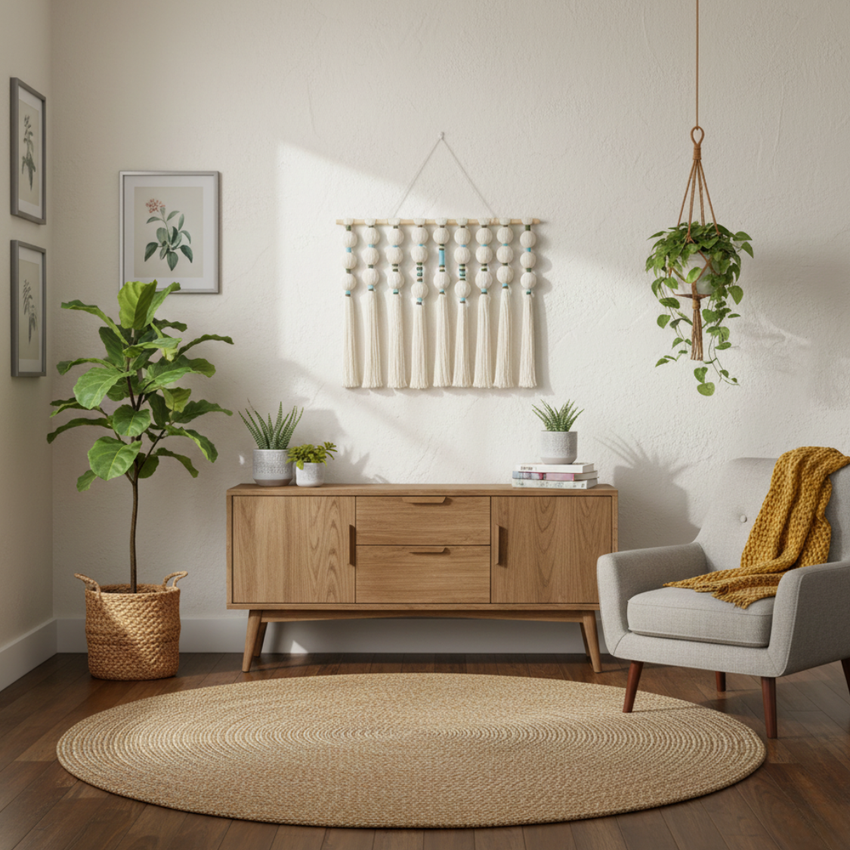 Artisan home decor living room with wooden sideboard, indoor plants, macrame wall hanging, and cozy chair—Fansee Australia style.