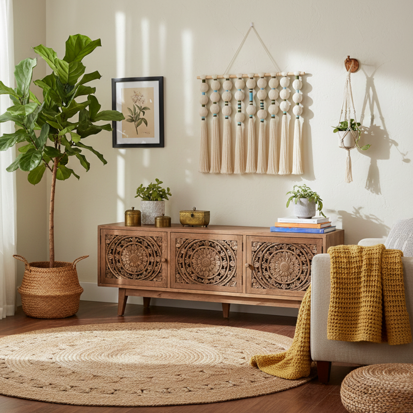 Artisan home decor living room with carved wood sideboard, indoor plants, and woven accents