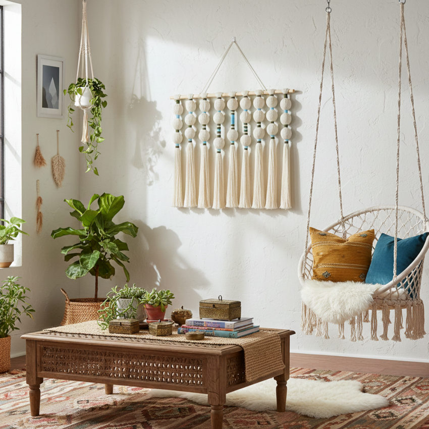 Boho living room with artisanal decor, indoor plants, woven swing chair, and wooden coffee table
