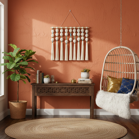 Contemporary artisan home decor with wooden console, hanging chair, and plant, Fansee Australia