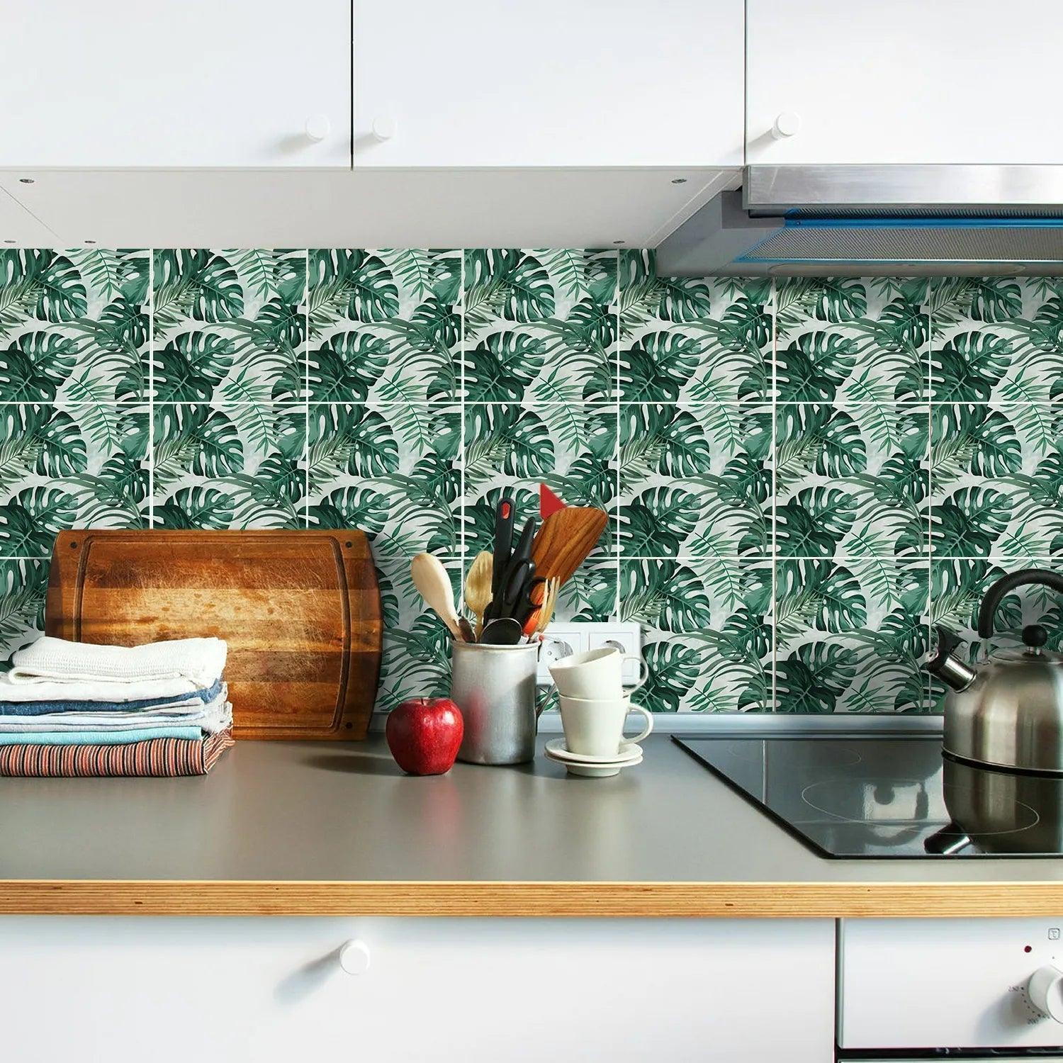 Botanical Green Leaves Textured Vinyl Self-Adhesive Tiles Stickers - Fansee Australia