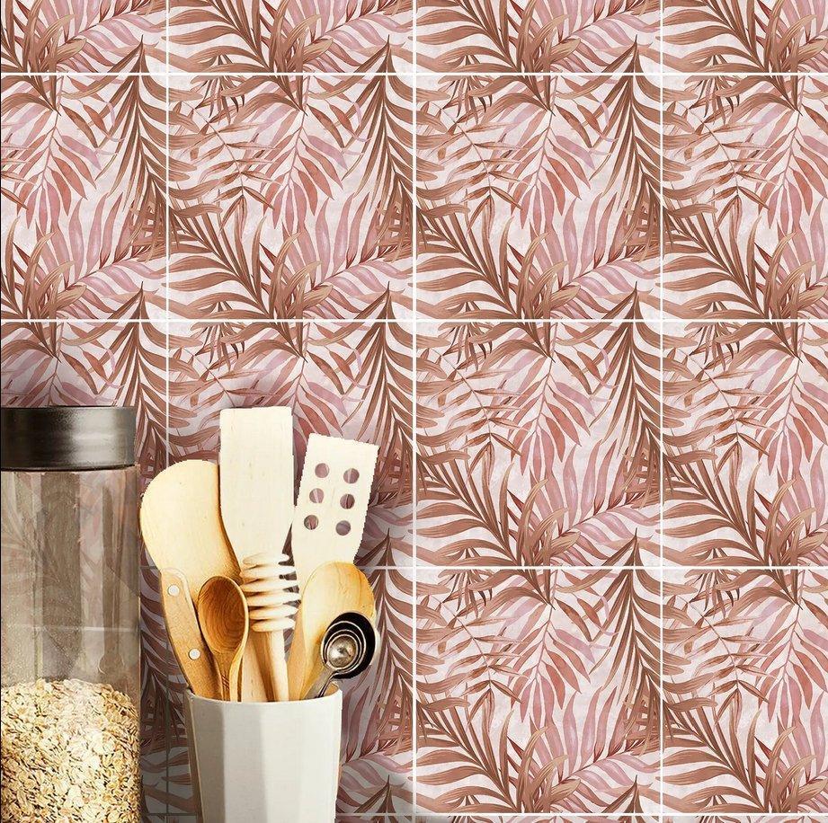 Botanical Salmon Leaves Textured Vinyl Self-Adhesive Tiles Stickers - Fansee Australia