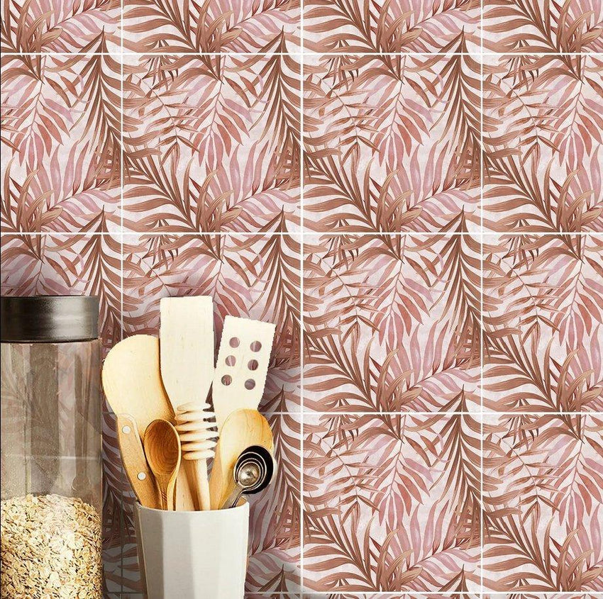 Botanical Salmon Leaves Textured Vinyl Self - Adhesive Tiles Stickers - Fansee Australia