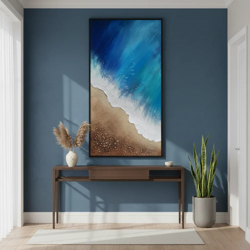 Cerulean Shore: Hand-Painted Coastal Abstract Oil Painting (60x120cm)