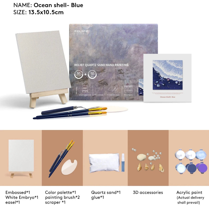 Ocean shell blue DIY painting kit with canvas, brushes, quartz sand, 3D shells, acrylic paint, and easel.