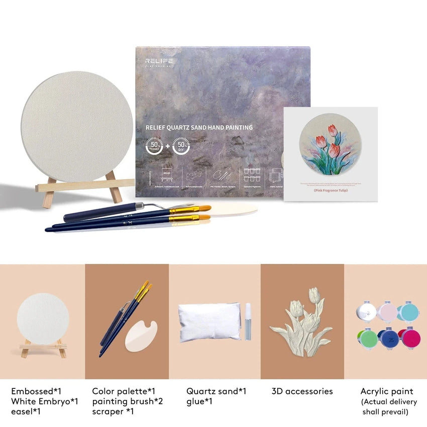 Fansee Australia DIY hand painting kit with round canvas, brushes, easel, paint, and 3D tulip art supplies.