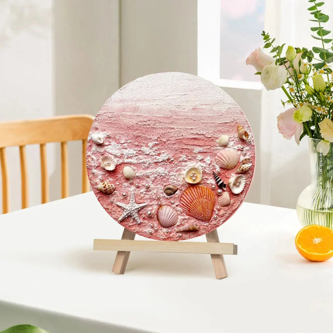 Pink and white artisan seashell decor plate on easel, modern home tableware by Fansee Australia