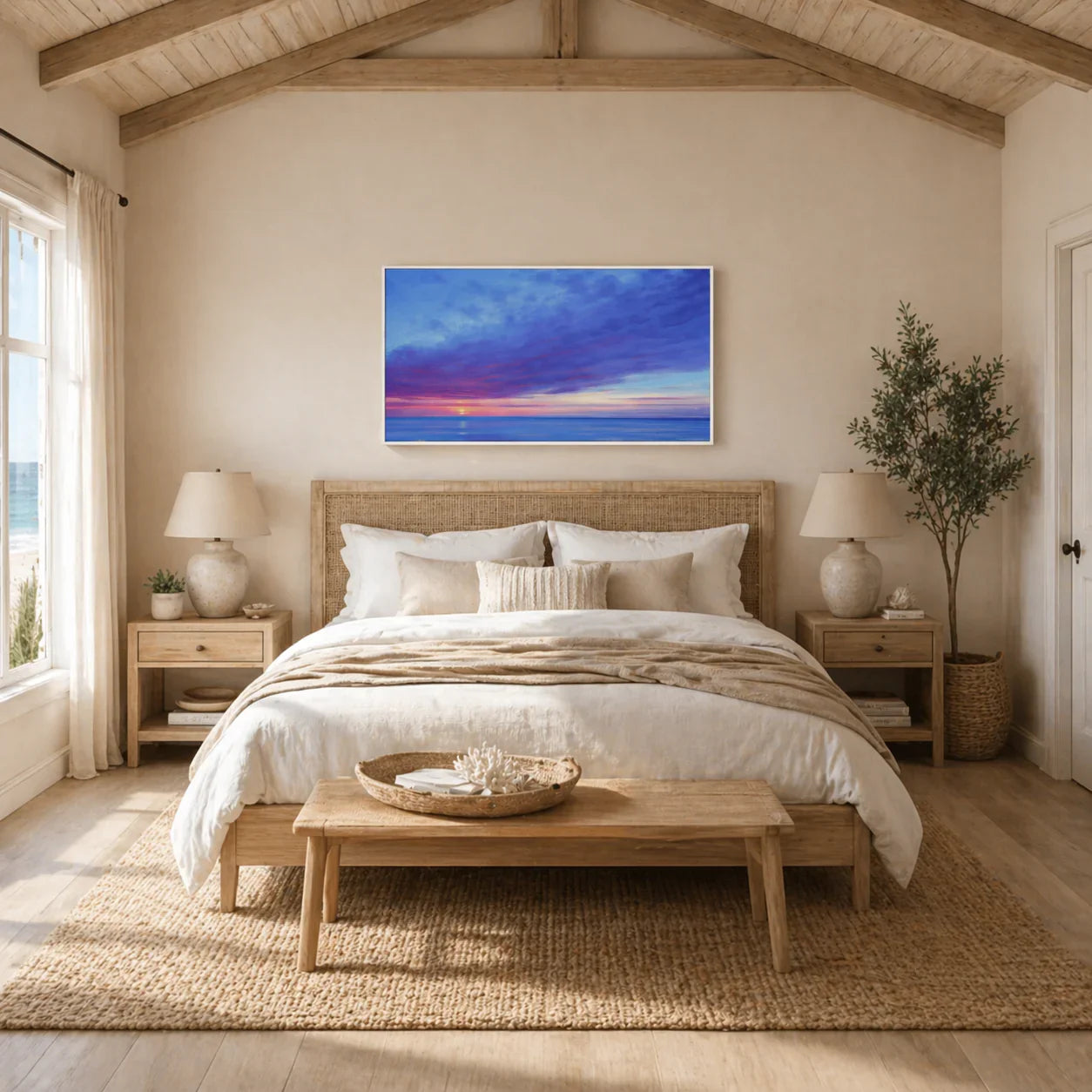 Modern living room with brown leather armchair and colorful ocean sunset wall art, Fansee Australia home decor
