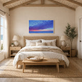 Modern living room with brown leather armchair and colorful ocean sunset wall art, Fansee Australia home decor