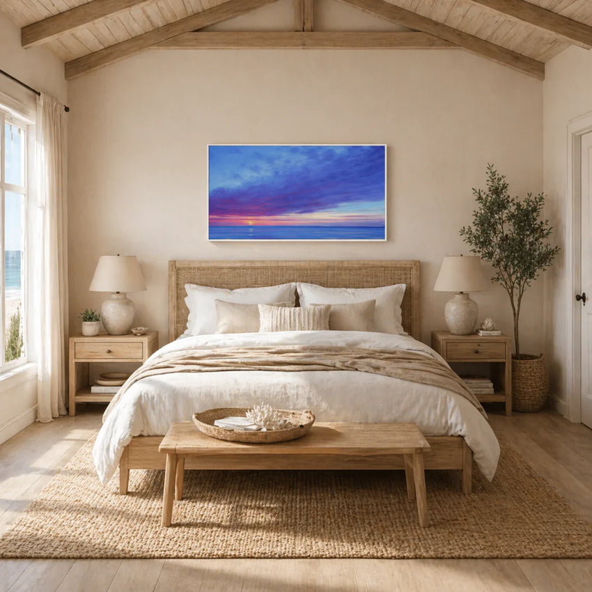 Modern living room with brown leather armchair and colorful ocean sunset wall art, Fansee Australia home decor
