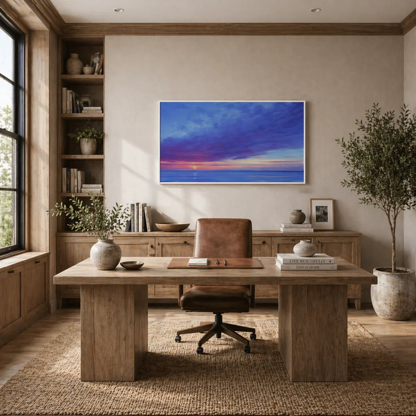 Modern living room with brown leather armchair and colorful ocean sunset wall art, Fansee Australia home decor