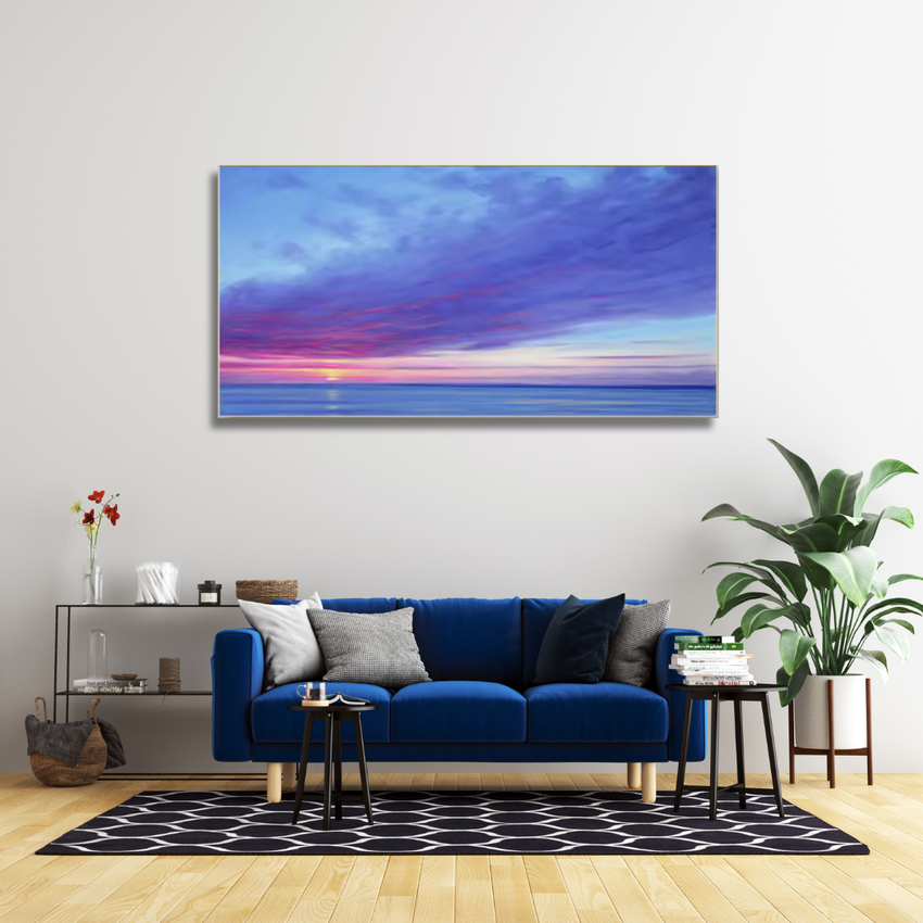 Modern living room with blue sofa, abstract sunset wall art, and artisan home decor, Fansee Australia